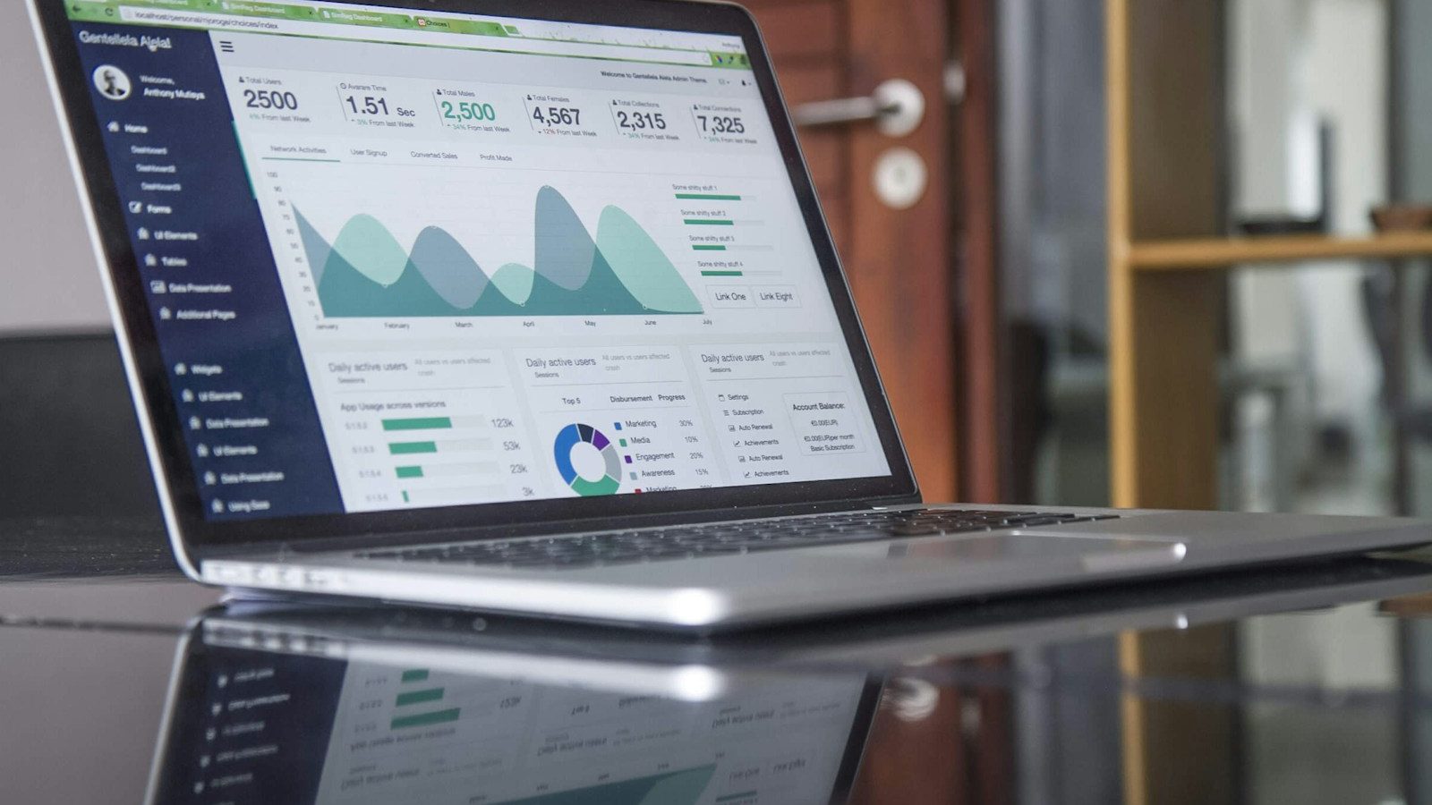 Laptop displaying business analytics and performance charts